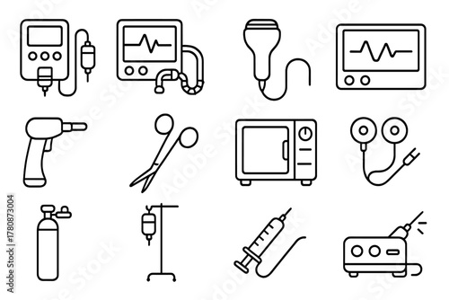Medical Line Icons. Line style icons of medical treatment devices: infusion pump, ventilator, ultrasound probe, monitoring screen;