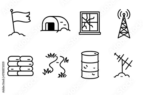 Forgotten Outpost Icons. Line style icons of Forgotten Outpost: Windswept Flag, Old Bunker, Cracked Window, Radio Tower, Sandbag