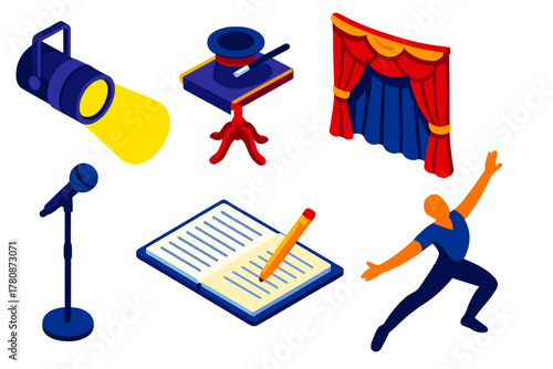 Stage Performance Icons. Isometric vector illustration set Crafting a Stage Performance: stage spotlight, magician’s table, velvet