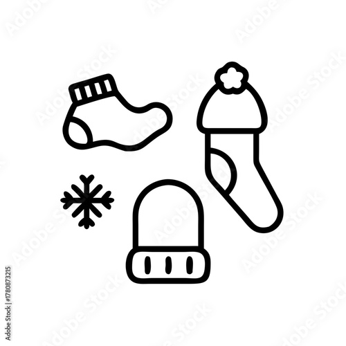 Winter clothing icons, including hat, sock, snowflake
