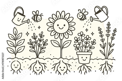 Whimsical Plant Paradise. Adorable doodle herbal garden with smiling plants, roots with faces peeking from the soil, buzzing happy