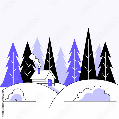 Winter landscape with a cozy cabin and snowy trees