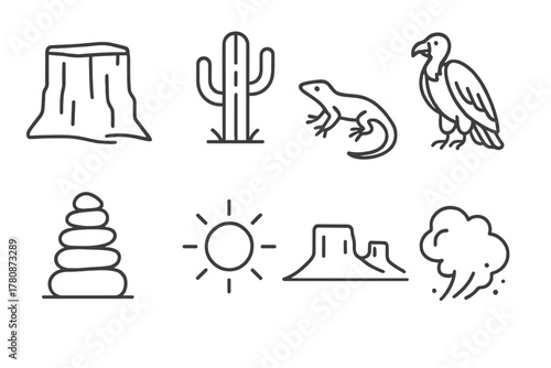 Desert Plateau Icons. Line style icons of Desert Plateau: Sandstone Cliff, Cactus, Lizard, Vulture, Rock Cairn, Distant Mesa, Sun,