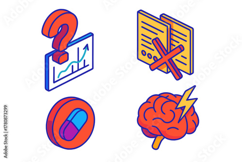 Scientific Method Icons. Isometric vector illustration set Unproven Method Concepts: Question mark over scientific chart,
