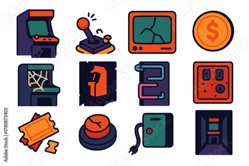 Abandoned Arcade Icons. Flat vector icons of Abandoned Arcades: dusty cabinet, broken joystick, cracked CRT, faded token,