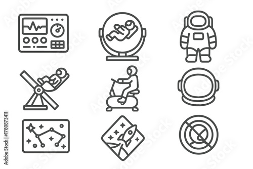 Astronaut Training Icons. Line style icons of Astronaut Training: Control Panel, Zero-G Simulator, Spacesuit, Centrifuge, Exercise