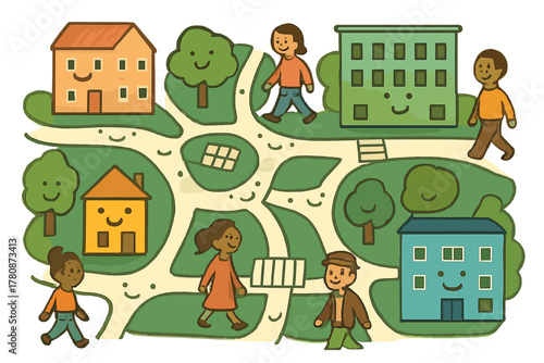 Whimsical Cityscape. Playful city map with smiling streets, friendly crosswalks, and people strolling beside happy buildings No
