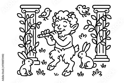 Satyr's Melodic Forest. Funny satyr playing a flute with rabbits, birds, and vines wrapping around columns, black and white line