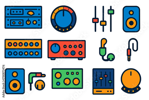 Studio Equipment Icons. Flat vector icons of Studio Mixing Equipment: rack unit, compressor knob, EQ sliders, patch bay, audio