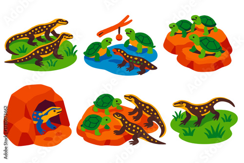 Social Learning in Reptiles. Isometric vector illustration set Social learning in reptiles: juvenile monitor lizards copying