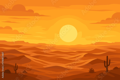 Sunset Desert Vista. Expansive desert landscape glowing under a golden vector illustration sunset, serene and vast tones capturing