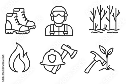 Wildfire Adventure Icons. Line style icons of Wildfire Adventure: Hiking Boots, Smoke Jumper, Fire Truck, Burned Forest, Flame,