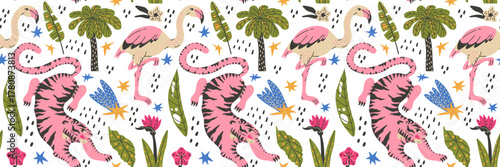Funky seamless pattern with safari animals tiger flamingo and tropical palm jungle.