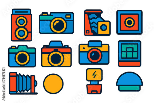 Colorful Camera Icons. Flat vector icons of Film Cameras: twin-lens reflex, rangefinder, folding camera, box camera, medium format