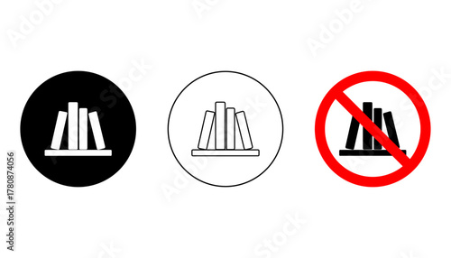 Minimal bookshelf icons with filled, outline, and banned circular designs. Great for school, reading, and library graphics