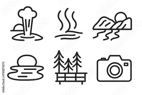 Geyser Icon Line Art. Line style icons of Sunset Geyser: Golden Steam, Hot Water, Mineral Veins, Rock Shadows, Reflection Pool,