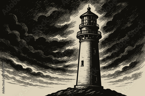 Moody Lighthouse Illustration. Atmospheric black-and-white vector illustration shot of a tall lighthouse against a cloudy sky,