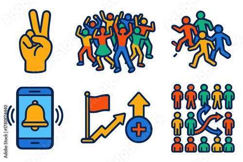 Flash Mob Coordination. Isometric vector illustration set Social coordination in flash mobs: hand signal coordination,
