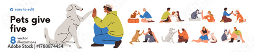 People giving high five to cute animals, cats and dogs set. Pet owners with companion puppies, kitties friends. Greeting with hands and paws. Flat vector illustrations isolated on white background.