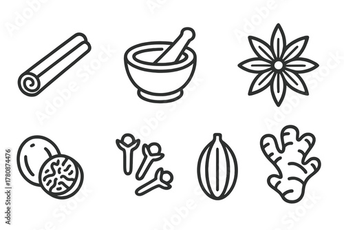 Spice Line Icons. Line style icons of Spices: Cinnamon Stick, Mortar and Pestle, Saffron Thread, Star Anise, Nutmeg, Cloves,