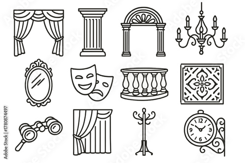 Classic Theater Icons. Line style icons of classic theater decor: velvet curtain, marble column, ornate arch, chandelier; gilded