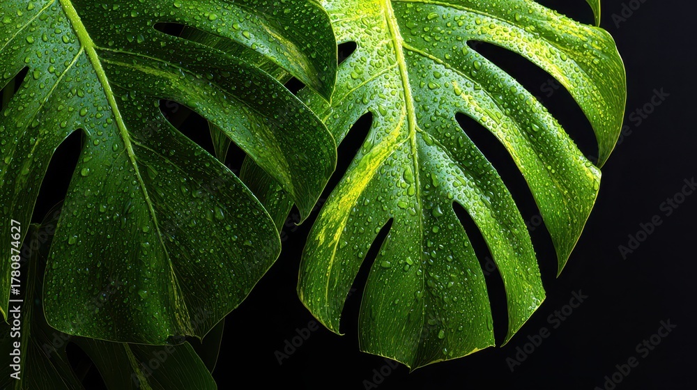 Fototapeta premium Variegated Monstera. Abstract Green Leaf Texture in Tropical Forest Plant Closeup