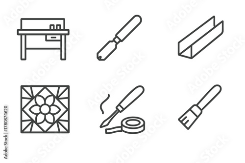 Stained Glass Tools Icons. Line style icons of Stained Glass Workshop: Workbench, Glass Cutter, Lead Channel, Pattern, Soldering