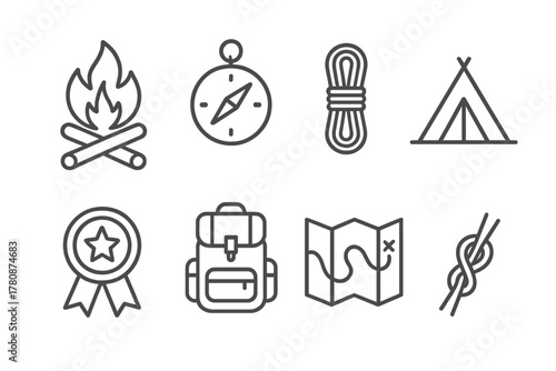 Scout Camp Icons. Line style icons of Scout Camp: Campfire, Compass, Rope Coil, Tent, Merit Badge, Backpack, Map, Knot, No text,