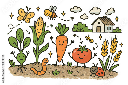Whimsical Agroecology Farm. Whimsical doodle agroecology farm with smiling crops, cartoon vegetables and grains waving, cheerful