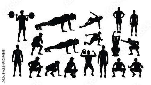 Fitness exercise silhouettes collection isolated on transparent background, Vector