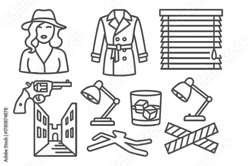 Film Noir Icons. Line style icons of Film Noir: Femme Fatale, Trench Coat, Venetian Blinds, Revolver, Desk Lamp, Alleyway, Glass