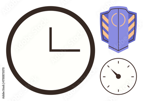 Large round clock with clean lines, stopwatch with a needle, and a shield highlighting security and efficiency. Ideal for time management, protection, deadlines, productivity, responsibility
