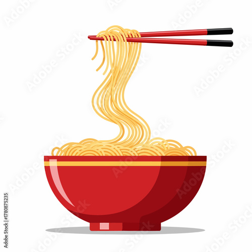 Vibrant vector illustration of a classic red bowl of Asian egg noodles with a pair of traditional chopsticks lifting a delicious wavy strand, isolated on a white background
