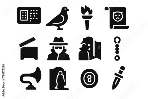 Ancient Espionage Icons. Solid style icons of Ancient espionage: coded tablet, messenger pigeon, signal torch, hidden compartment,