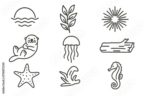 Kelp Forest Icons. Line style icons of Kelp Forest: Sunbeam, Kelp Frond, Sea Urchin, Sea Otter, Jellyfish, Driftwood, Starfish,