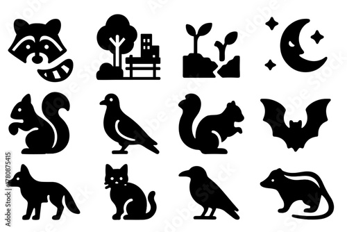 Urban Wildlife Icons. Solid style icons of Urban Wildlife: Raccoon, City Park, Adaptation, Nocturnal, Squirrel, Pigeon, Skunk, Bat