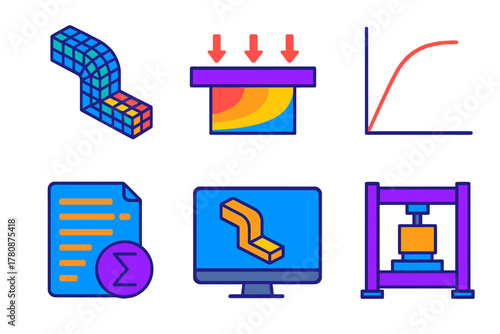 Structural Analysis Overview. Isometric vector illustration set Structural Analysis: finite element mesh, load distribution