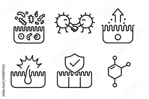 Microbial Interaction Icons. Line style icons of Host-Microbe Interaction: gut lining with microbes, immune cell handshake,