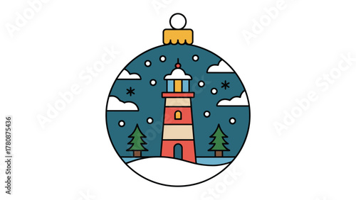 Winter Lighthouse Ornament: A festive ornament showcases a coastal lighthouse standing tall amidst a winter wonderland, surrounded by snowflakes and snow, symbolizing hope.