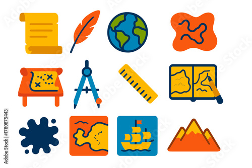 Ancient Mapmaking Icons. Flat vector icons of ancient mapmaking: parchment scroll, ink quill, world sphere, sand map, cartographer
