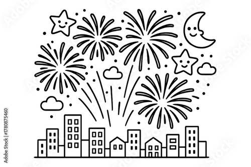 Playful Fireworks and Stars. Playful fireworks exploding in the night sky with smiling stars, moon, and a city skyline below,