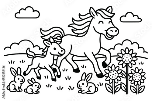 Playful Horse and Foal. Joyful horse with her foal running through a field with rabbits, sunflowers, and clouds above, black and