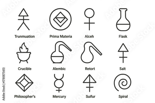 Ancient Alchemy Icons. Line style icons of Ancient Alchemy: Transmutation, Prima Materia, Alchemical Symbol, Flask; Crucible,