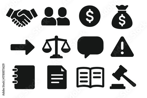 Creditor Debtor Icons. Solid style icons of creditor and debtor interactions: handshake, human silhouettes, coin, bag of money,