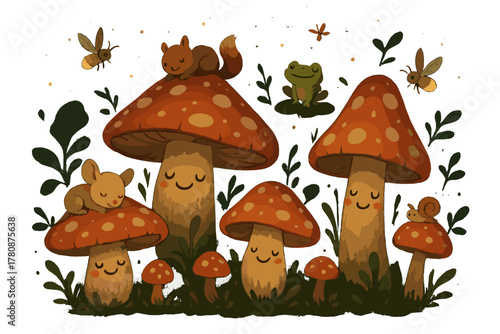 Enchanted Mushroom Forest. Enchanted mushroom forest with smiling fungi, playful fireflies, and tiny woodland creatures resting on
