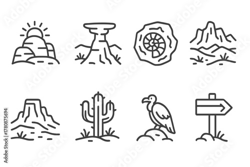 Badlands Icon Style Art. Line style icons of Sunset Badlands: Golden Rock, Shadowed Hoodoo, Fossil, Harsh Landscape, Distant Mesa,