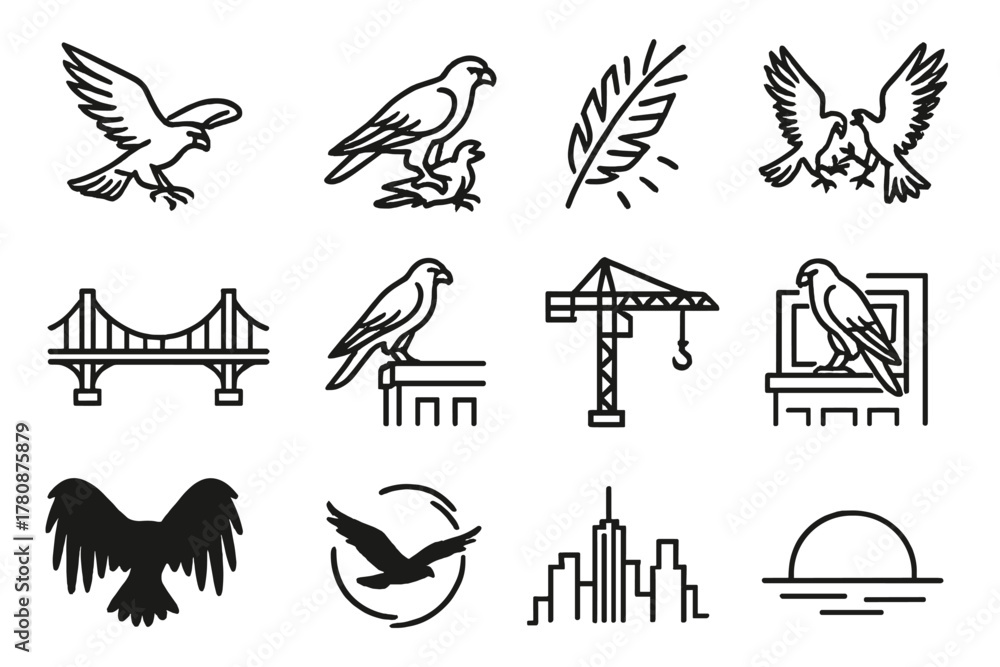 Obraz premium Skyline Falcon Hunt. Line style icons of skyline hunting: falcon strike, prey in talons, feather scatter, mid-air clash; city