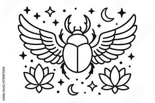 Magical Scarab Illustration. Magical scarab beetle with wings spread wide surrounded by stars, moons, and lotus flowers, black and