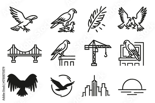 Skyline Falcon Hunt. Line style icons of skyline hunting: falcon strike, prey in talons, feather scatter, mid-air clash; city
