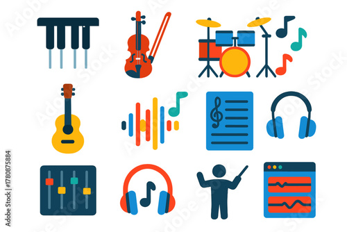 Music Icon Set. Flat vector icons of music in documentary: piano keys, violin bow, drum set, guitar, sound wave with notes, film